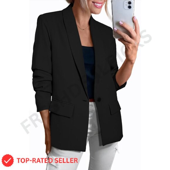 Long Sleeve Blazer Open Front Slim Fit Business Casual Office Chic
